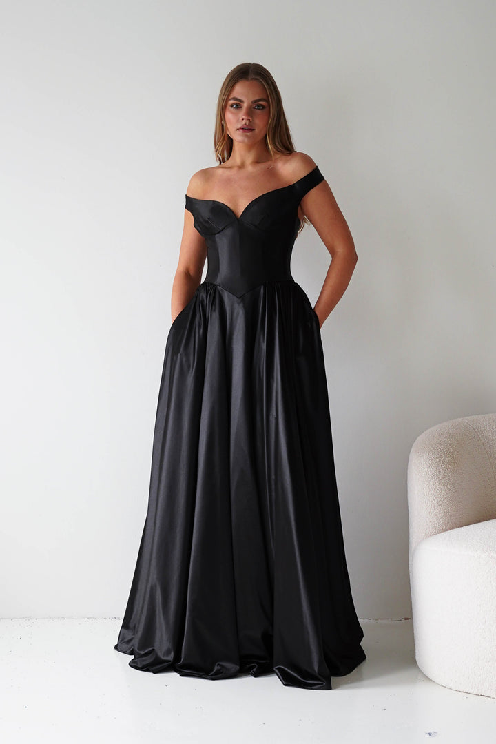 Irenia Off The Shoulder Structured Maxi Gown | Black
