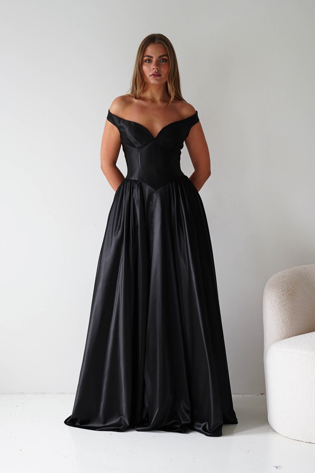 Irenia Off The Shoulder Structured Maxi Gown | Black
