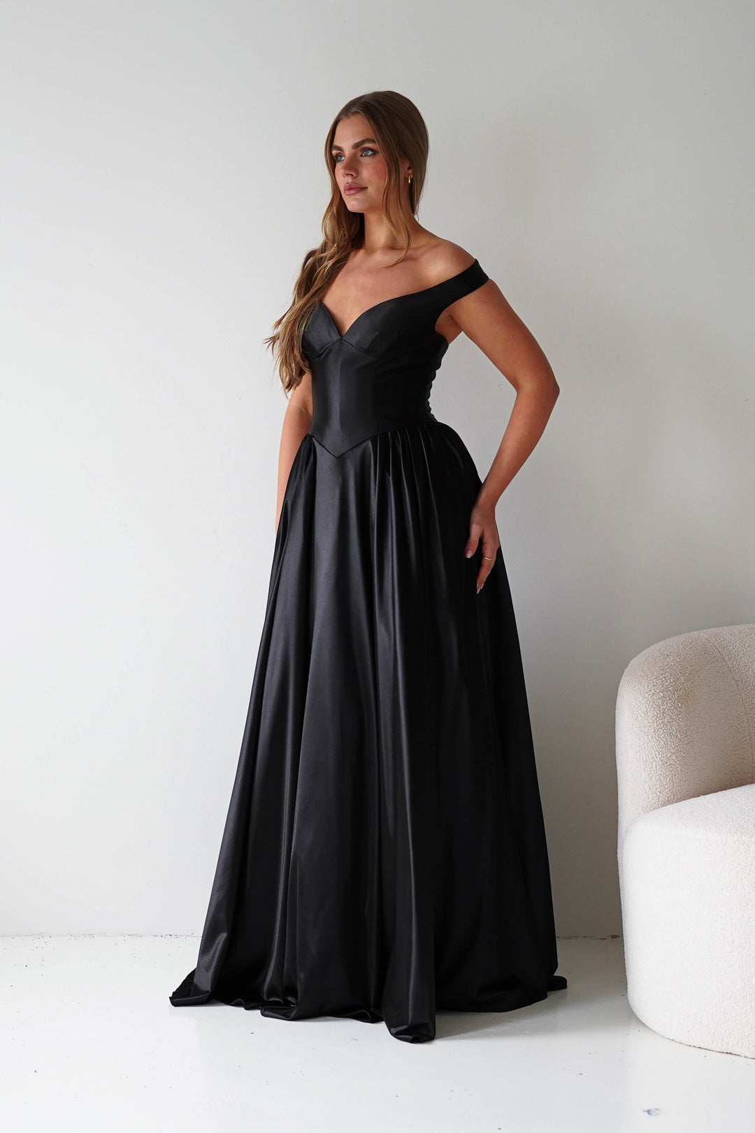 Irenia Off The Shoulder Structured Maxi Gown | Black