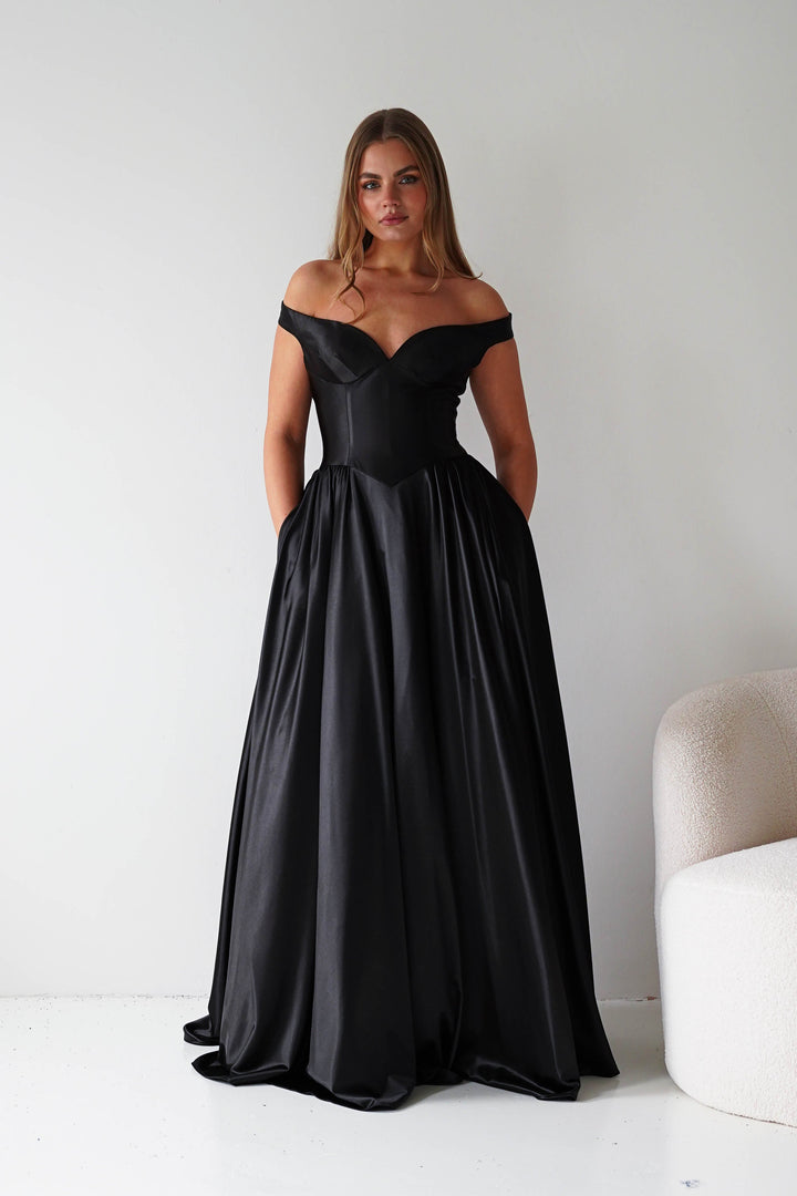 Irenia Off The Shoulder Structured Maxi Gown | Black