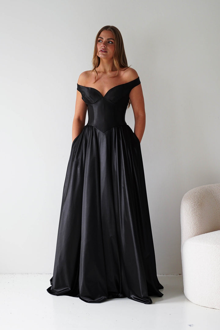 Irenia Off The Shoulder Structured Maxi Gown | Black