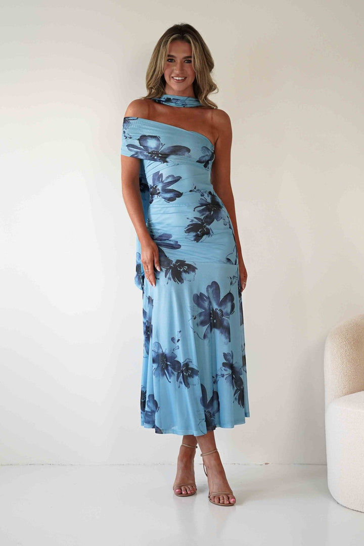 Noelani Floral Mesh Scarf Maxi Dress | Blue