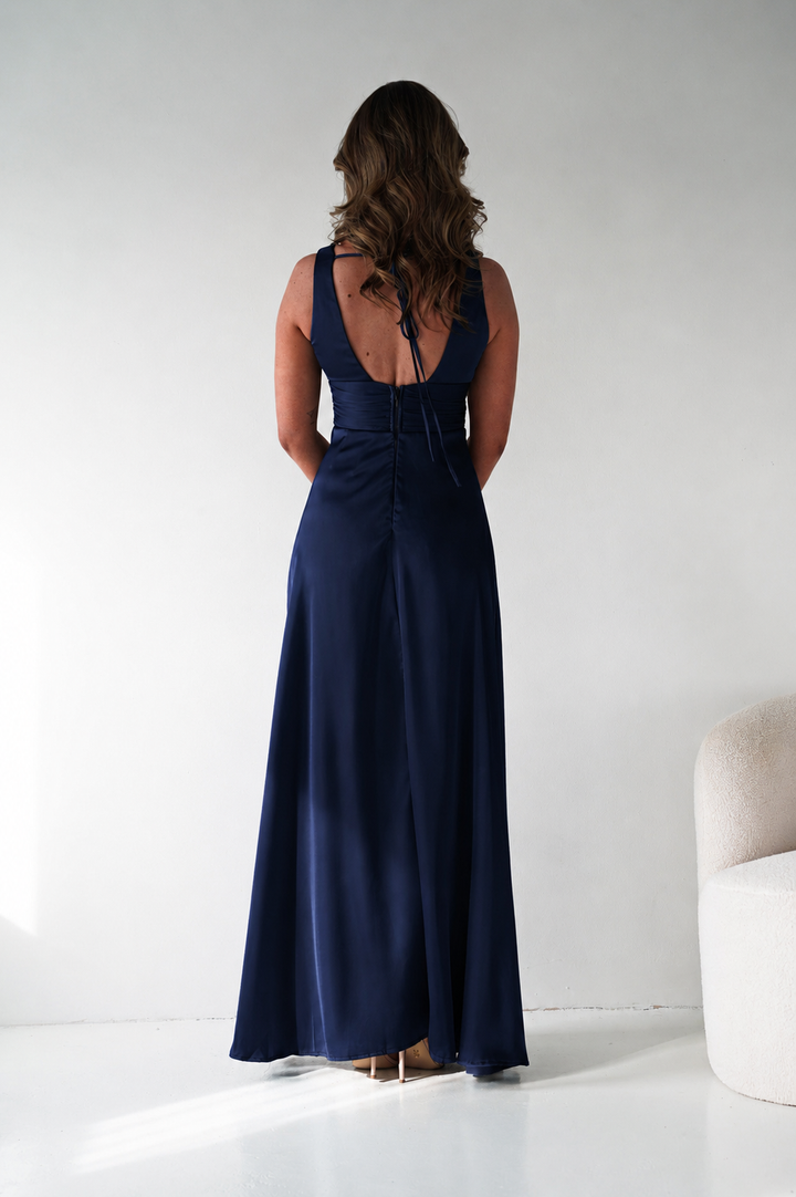 Saffron V-Neck Soft Satin Maxi Dress | Navy