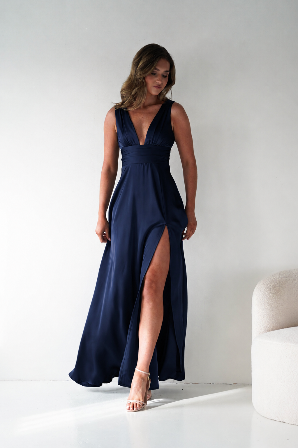 Saffron V-Neck Soft Satin Maxi Dress | Navy