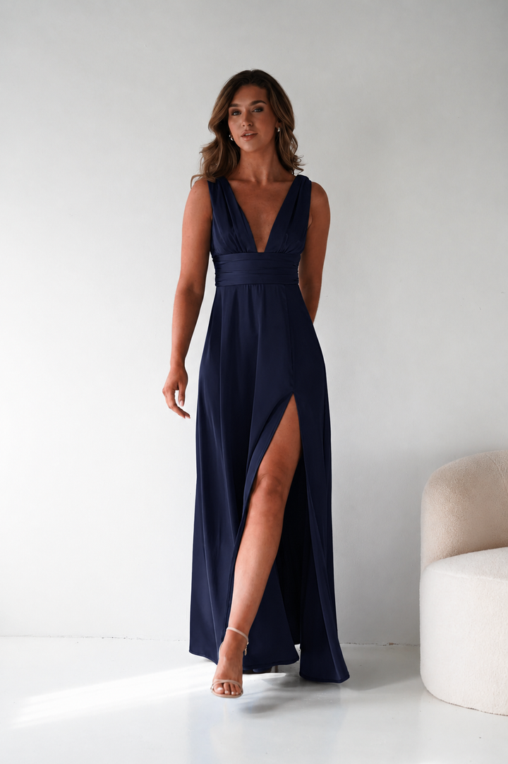 Saffron V-Neck Soft Satin Maxi Dress | Navy