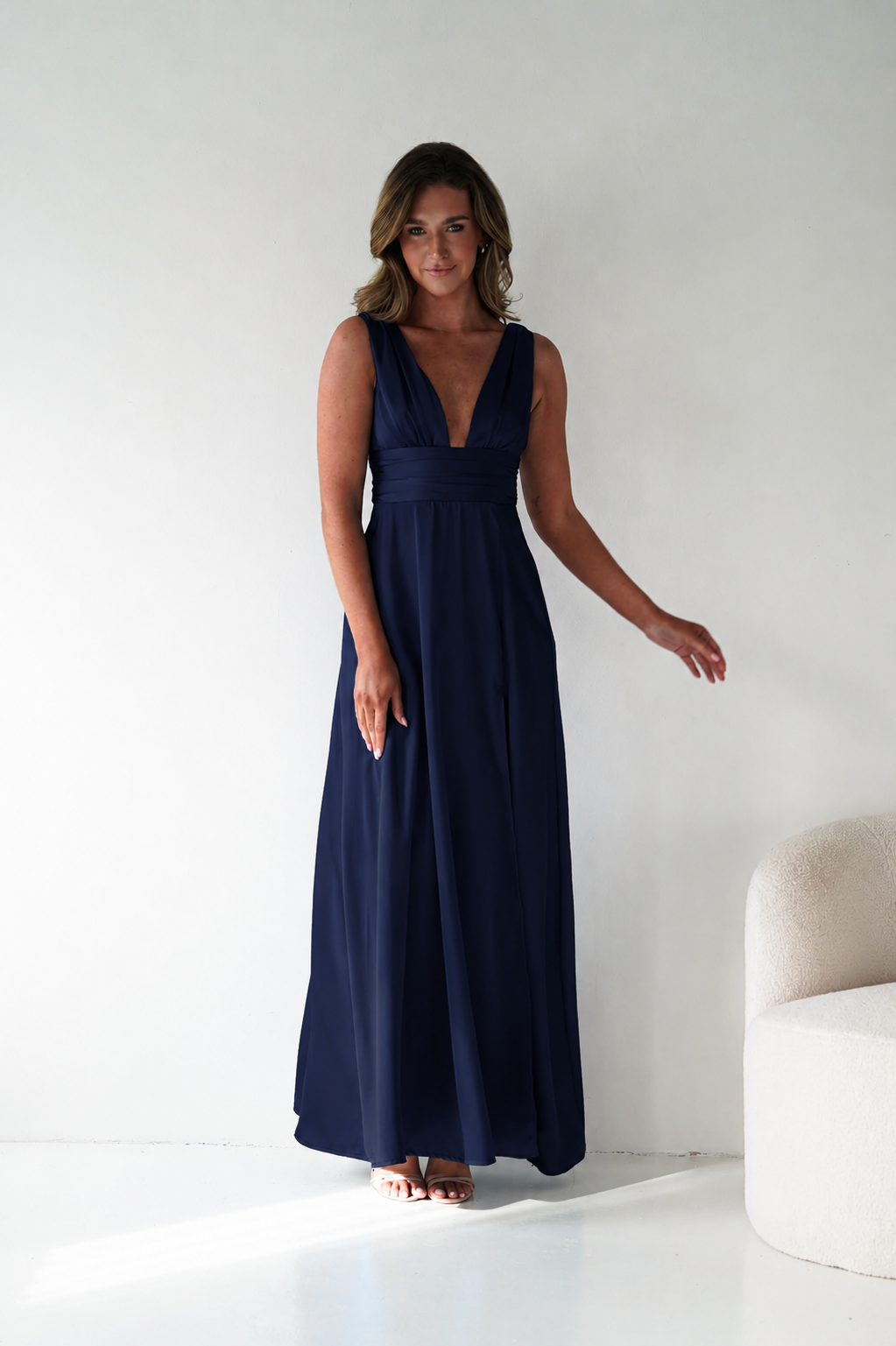 Saffron V-Neck Soft Satin Maxi Dress | Navy