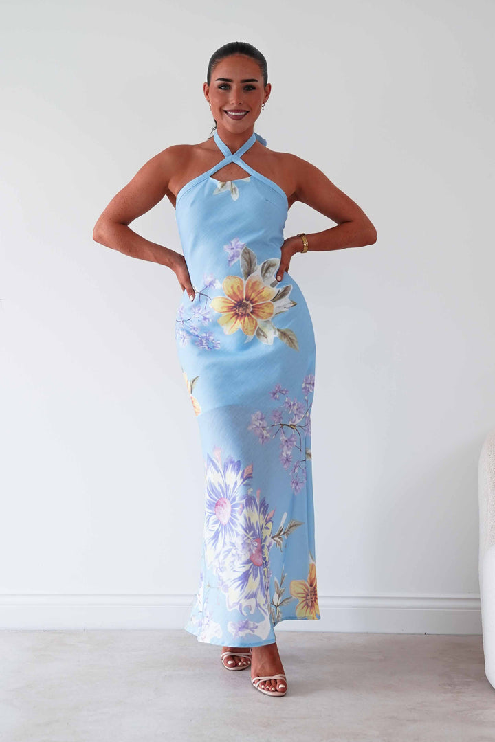 Siara Floral Halterneck Midi Dress | Blue