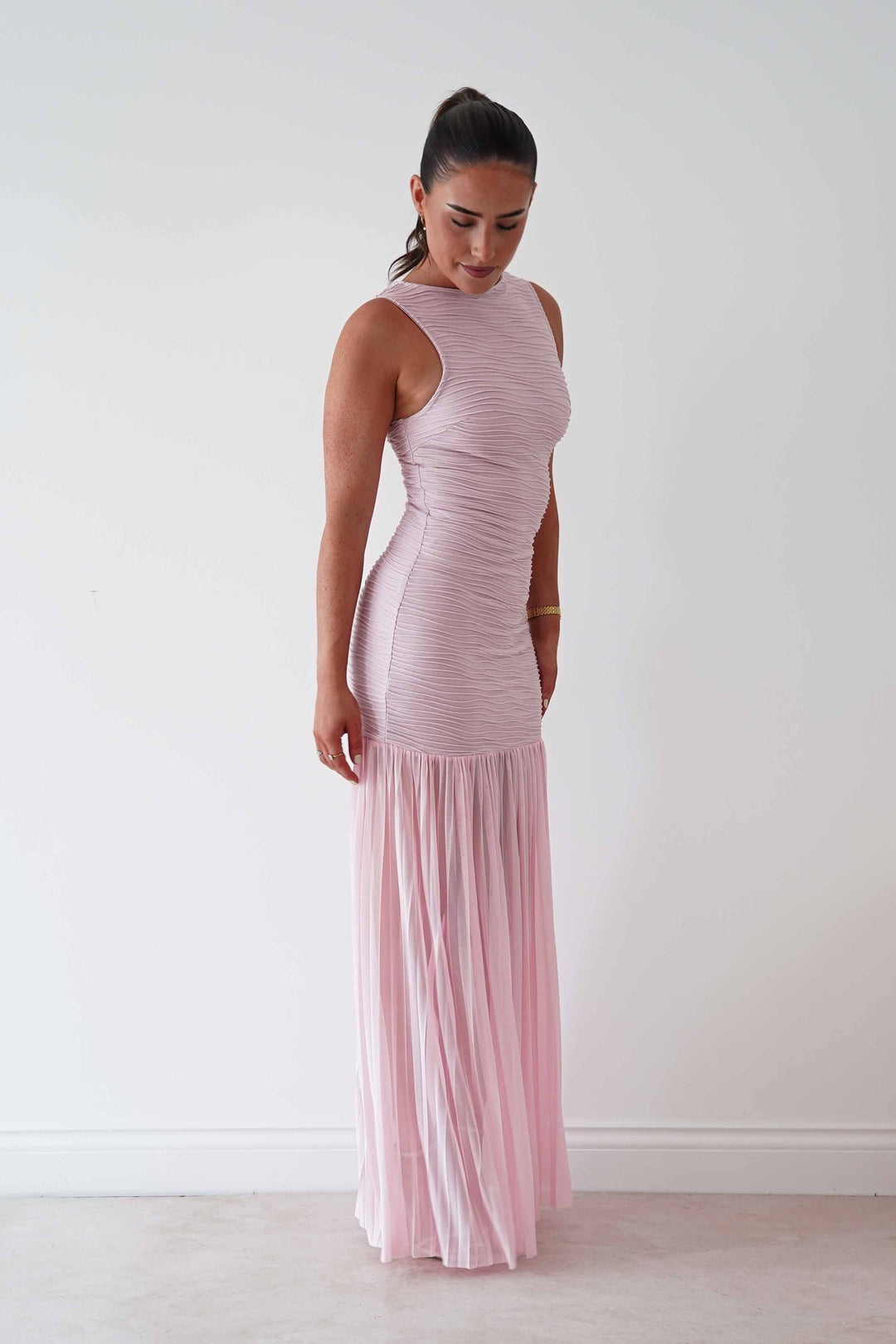 Skye Textured Pleated Hem Midi Dress | Blush Pink
