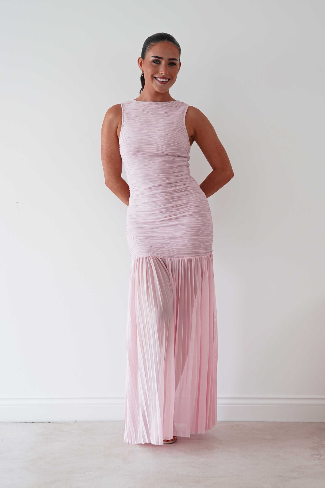 Skye Textured Pleated Hem Midi Dress | Blush Pink
