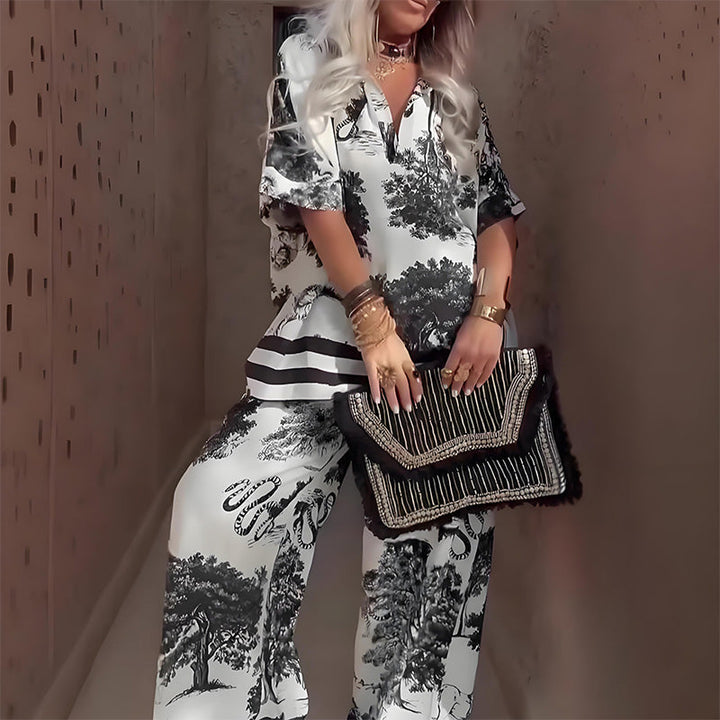 Linette™ Printed V-Neck Top and Long Trousers Set