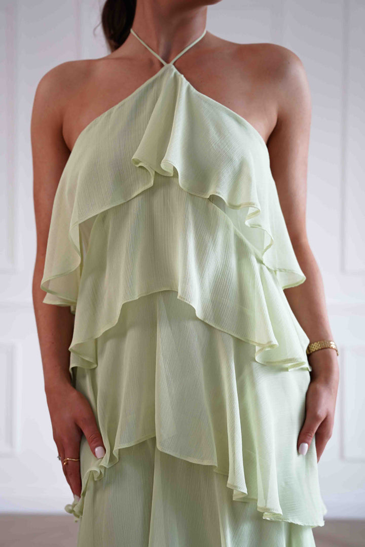 Tala Ruffle Tiered Halterneck Maxi Dress | Sage