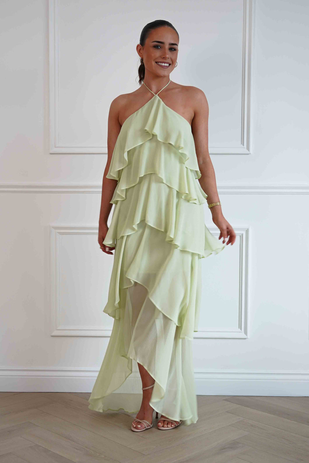 Tala Ruffle Tiered Halterneck Maxi Dress | Sage