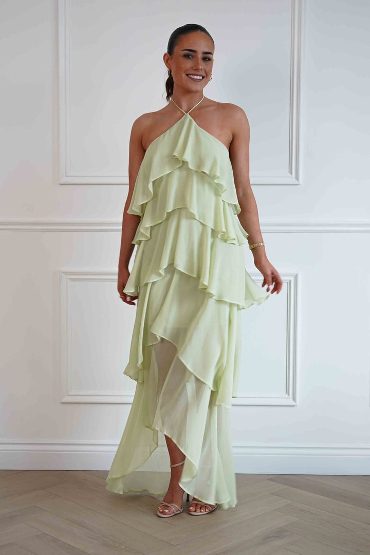 Tala Ruffle Tiered Halterneck Maxi Dress | Sage