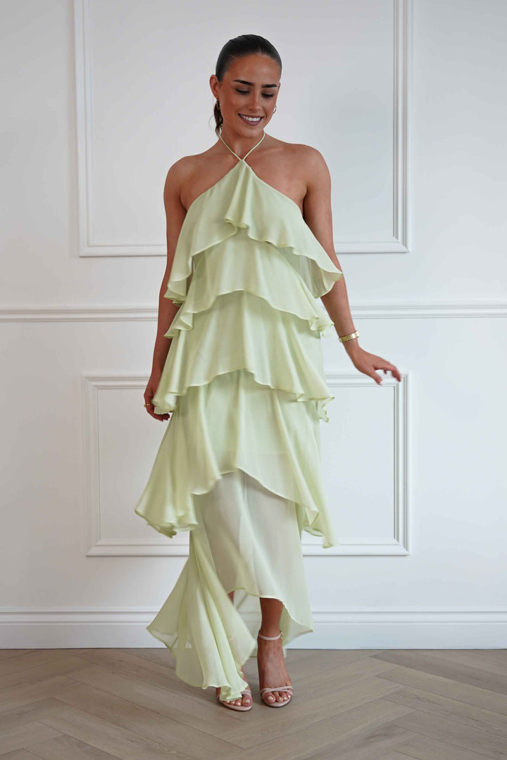 Tala Ruffle Tiered Halterneck Maxi Dress | Sage