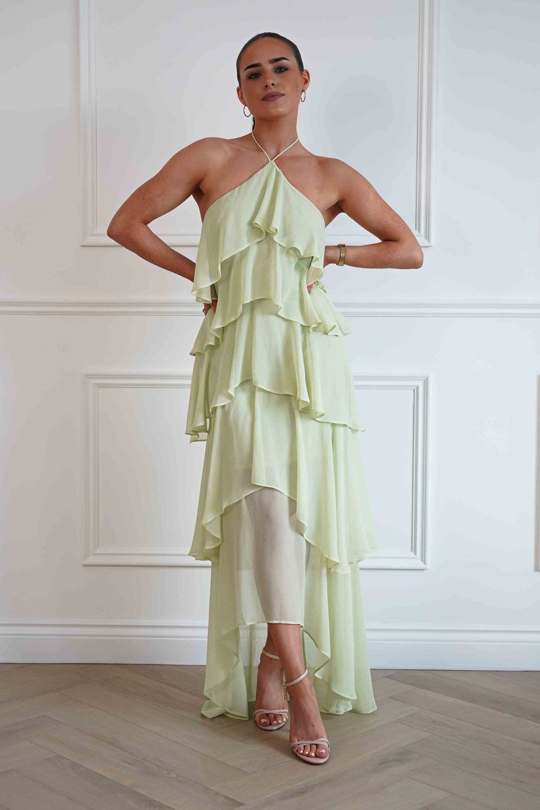 Tala Ruffle Tiered Halterneck Maxi Dress | Sage