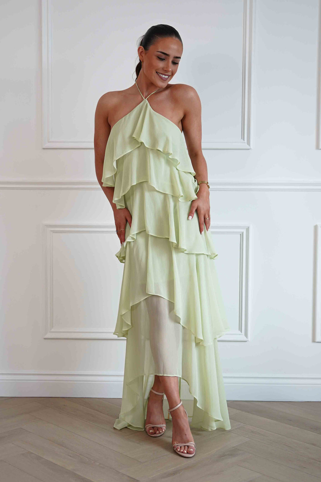 Tala Ruffle Tiered Halterneck Maxi Dress | Sage