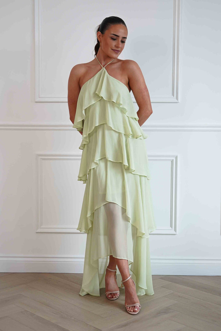 Tala Ruffle Tiered Halterneck Maxi Dress | Sage